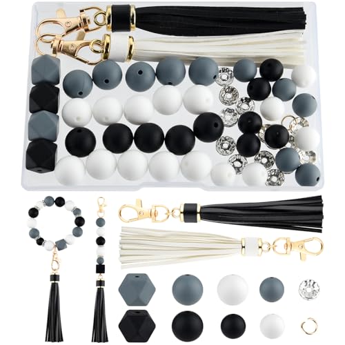 NEBURORA Silikonperlen für Schlüsselanhänger-Set, weiße, schwarze und graue Perlen mit Lederquasten, runde Perlen für Armbänder, Bastelarbeiten, Perlenstifte, Dekorationen, Schmuckherstellung von NEBURORA