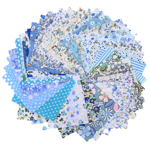 50 Stück Baumwoll-Bastelstoff-Bündel, Fat Quarters, Nähstoff, Gingham-Stoff, Patchworkstoff mit Blumenmuster, zum Nähen, Quilten, Basteln, DIY (Blau, 10 x 10 cm) von NECXON