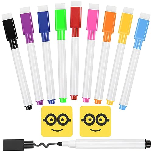 NECXON 9-teiliges Whiteboard-Marker-Set, 9 Farben, Whiteboard-Stifte-Set mit 2 Cartoon-Radiergummis, feine Spitze, magnetische Farb-Whiteboard-Stifte für den Einsatz in der Schule und im Büro von NECXON