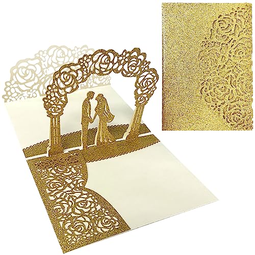 Pop-Up-Hochzeitskarte, Pop-Up-Hochzeitskarten für Braut und Bräutigam, 3D-Hochzeitskarten, personalisierte Hochzeitskarte mit Umschlägen für Braut und Bräutigam, Valentinstag, Jahrestag (Gold) von NECXON