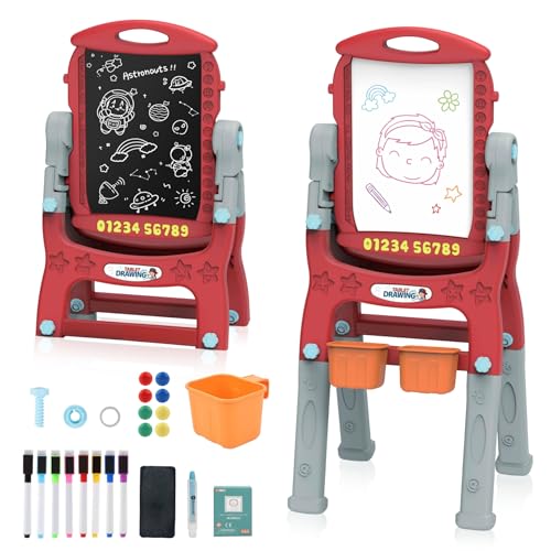 Kinder Staffelei doppelseitig 2 in 1 Kindertafel Große Magnetische Maltafel Zaubertafel, Whiteboard und Kreidetafel Schreibtafel mit Standtafel, Malzubehör, großem Ablagefach für Kinder ab 3 Jahre von NEEMOSI
