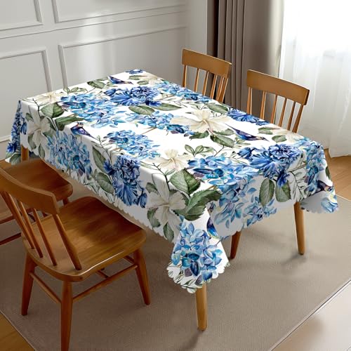 NEEZSEEZ Tischdecke, Motiv: blaue Hortensien, Vintage-Blumen, Aquarell, Hibiskus, Iris und Vögel, rechteckige Tischdecke, Küchendekorationen für Zuhause, Dinner-Party, 137 x 183 cm von NEEZSEEZ