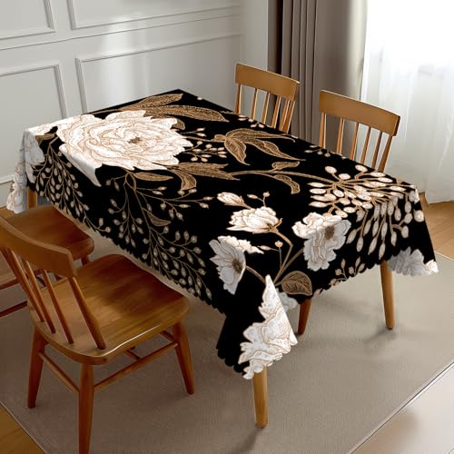 NEEZSEEZ Tischdecke mit Pfingstrosenmotiv, Vintage-Stil, Blumenmuster, rustikal, schwarz, rechteckige Tischdecke, Küchendekorationen für Zuhause, Dinner-Party, 137 x 183 cm von NEEZSEEZ