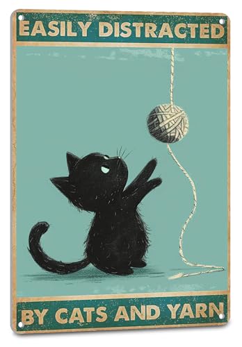 NEGLAI Vintage-Häkel-Dekoration, schwarze Katzenschilder, Garnposter für Nähzimmer, Wandkunst, Dekoration, leicht abgelenkt von Katzen und Garn, Strickzubehör, 20,3 x 30,5 cm von NEGLAI
