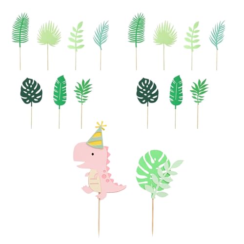 16 Stück Tropische Kuchendekorationen – Rosa Dinosaurier und Blatt Dekorationen für Dschungel-Thema, Sommergeburtstag und tropische Party-Kuchen von NEKAPLO