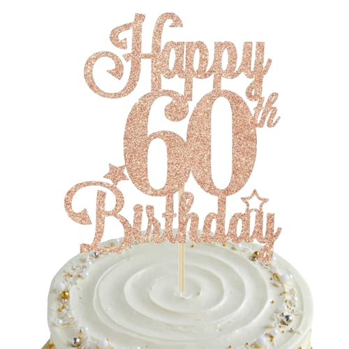Rose Gold Happy 60th Birthday Cake Topper für Frauen, Glitzer 60 Geburtstag Party Dekoration für sie, Eleganter Kucheneinsatz für Feier (Roségold) von NEKAPLO