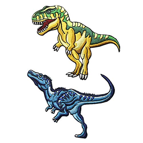 2 Stück Tyrannosaurus Rex Velociraptor Dinosaurier Stickerei Applikation Patches, Hand DIY Zubehör Aufnäher, Coole Zum Aufnähen Patches für Dekor T-Shirt, Rucksack, Jeans, Jacke, Mütze, Schuhe von NEKOMARUKE