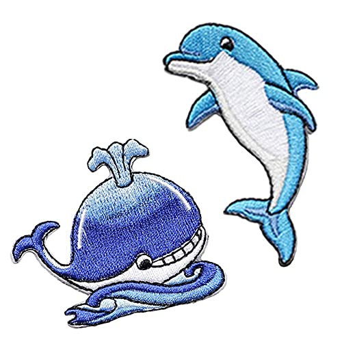 2 Stück niedlich Wal Delphin Stickerei Applikation Patches, Hand DIY Zubehör Aufnäher, Zum Aufnähen Patches, Coole Aufnäher für Dekor T-Shirt, Rucksack, Jeans, Jacke, Mütze, Schuhe von NEKOMARUKE