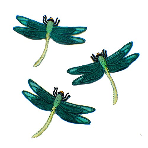3 Stück grün Libelle Insekt Applikation Stickerei Aufnäher Set, Flicken zum Aufbügeln, Gestickte Flicken Aufnäher, Coole Patches für Männer, Frauen, Jungen, Mädchen, Kinder von NEKOMARUKE
