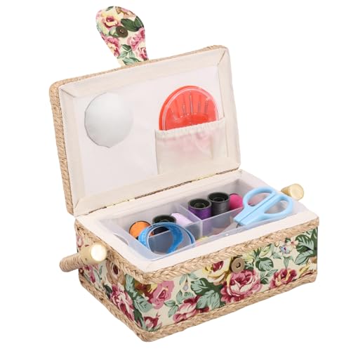 Aufbewahrungsbox für Nähset, stabiler, staubdichter, kleiner Korb, mit Nähzubehör, großes Fassungsvermögen, Tablett, Nadelkissen-Tasche für Heimreparatur (Blumenfarbe) von NEMTMCUA