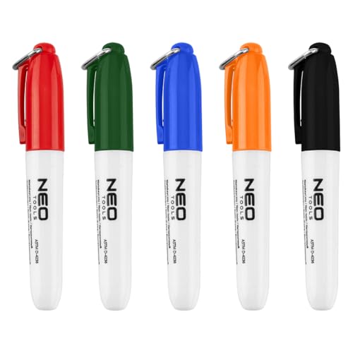 NEO TOOLS Mini Permanent Marker Set – 5 Farben – Rundspitze, Wasserfest & Schnelltrocknend – Für Metall, Glas, Holz, Stein, Kunststoff – Ideal für Werkstatt & Alltag von NEO TOOLS