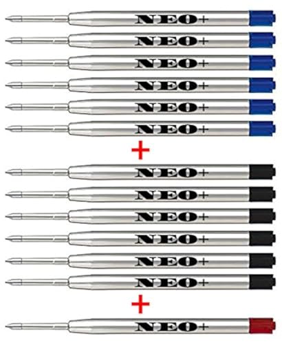 Hochwertige Ersatzfüllung für Kugelschreiber, feine Spitze 1mm, 12 Stück. Sie ist auch mit Parker-Stift kompatibel (6 x SCHWARZE TINTE + 6 x BLAUE TINTE + 1 x ROTE TINTE) von NEO+