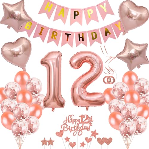 Neodtx 12. geburtstag mädchen geburtstagsdeko Tortendeko luftballons Rosegold folienballon 12 jahre geschenk Happy Birthday Girlande von NEODTX