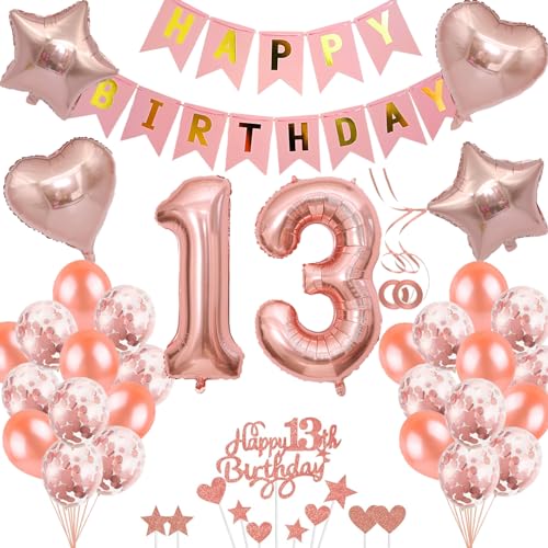 Neodtx 13. Geburtstag Mädchen Teenager Geburtstagsdeko Tortendeko luftballons Rosegold folienballon 13 jahre geschenk Happy Birthday Girlande für Geburtstagsdeko Geschenke für 13. Geburtstag von NEODTX