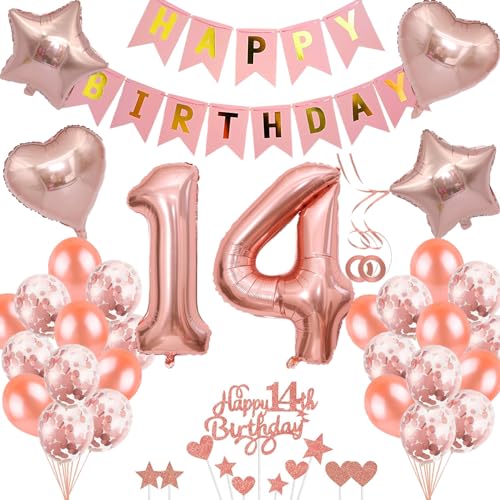 Neodtx 14. Geburtstag Mädchen Geburtstagsdeko Tortendeko luftballons Rosegold folienballon 14 jahre geschenk Happy Birthday Girlande für Geburtstagsdeko Geschenke für 14. Geburtstag von NEODTX