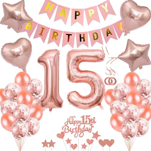Neodtx 15. Geburtstag Mädchen Geburtstagsdeko Tortendeko luftballons Rosegold folienballon 15 jahre geschenk Happy Birthday Girlande für Geburtstagsdeko Geschenke für 15. Geburtstag von NEODTX