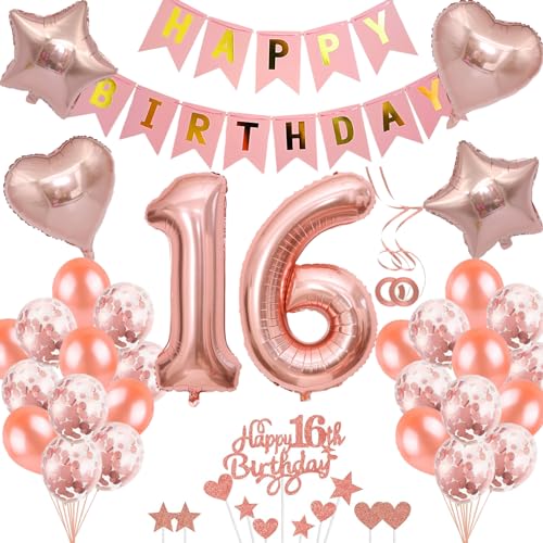 Neodtx 16. Geburtstag Mädchen Geburtstagsdeko Tortendeko luftballons Rosegold folienballon 16 jahre geschenk Happy Birthday Girlande für Geburtstagsdeko Geschenke für 16. Geburtstag von NEODTX
