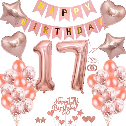 Neodtx 17. Geburtstag Mädchen Geburtstagsdeko Tortendeko luftballons Rosegold folienballon 17 jahre geschenk Happy Birthday Girlande für Geburtstagsdeko Geschenke für 17. Geburtstag von NEODTX