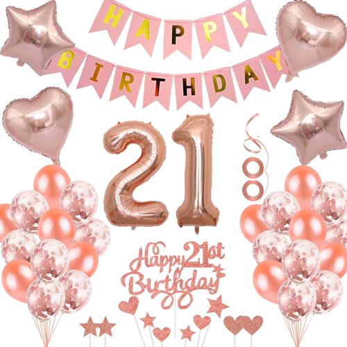 Neodtx 21. Geburtstag Mädchen Geburtstagsdeko Tortendeko luftballons Rosegold folienballon 21 jahre Frauen geschenk Happy Birthday Girlande für Geburtstagsdeko Geschenke für 21. Geburtstag von NEODTX