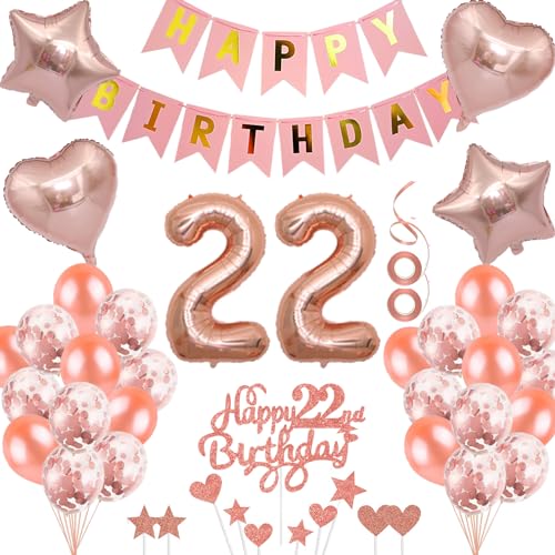 Neodtx 22. Geburtstag Mädchen Geburtstagsdeko Tortendeko luftballons Rosegold folienballon 22 jahre Frauen geschenk Happy Birthday Girlande für Geburtstagsdeko Geschenke für 22. Geburtstag von NEODTX