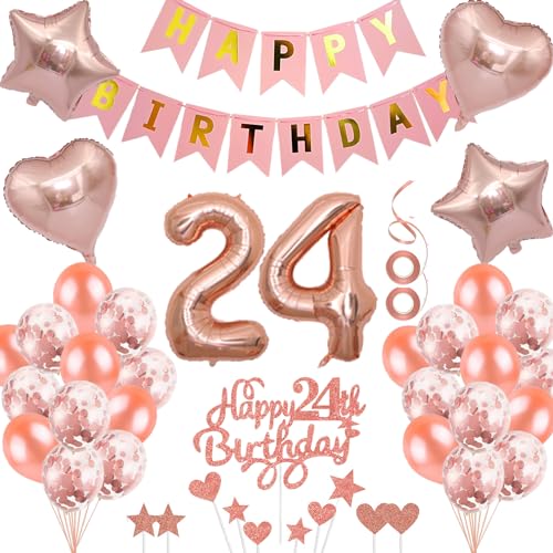 Neodtx 24. Geburtstag Mädchen Geburtstagsdeko Tortendeko luftballons Rosegold folienballon 24 jahre Frauen geschenk Happy Birthday Girlande für Geburtstagsdeko Geschenke für 24. Geburtstag von NEODTX
