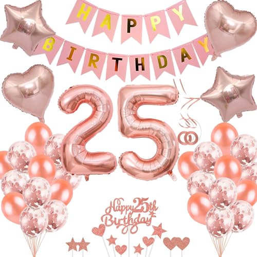 Neodtx 25. Geburtstag Mädchen Geburtstagsdeko Tortendeko luftballons Rosegold folienballon 25 jahre Frauen geschenk Happy Birthday Girlande für Geburtstagsdeko Geschenke für 25. Geburtstag von NEODTX