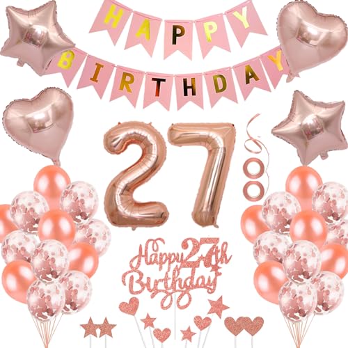 Neodtx 27. Geburtstag Mädchen Geburtstagsdeko Tortendeko luftballons Rosegold folienballon 27 jahre Frauen geschenk Happy Birthday Girlande für Geburtstagsdeko Geschenke für 27. Geburtstag von NEODTX