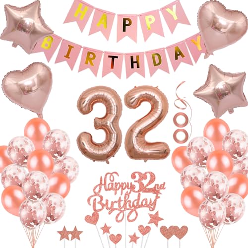 Neodtx 32. Geburtstag Mädchen Geburtstagsdeko Tortendeko luftballons Rosegold folienballon 32 jahre Frauen geschenk Happy Birthday Girlande für Geburtstagsdeko Geschenke für 32. Geburtstag von NEODTX