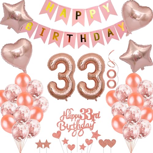 Neodtx 33. Geburtstag Mädchen Geburtstagsdeko Tortendeko luftballons Rosegold folienballon 33 jahre Frauen geschenk Happy Birthday Girlande für Geburtstagsdeko Geschenke für 33. Geburtstag von NEODTX