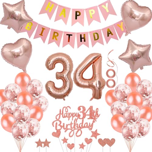 Neodtx 34. Geburtstag Mädchen Geburtstagsdeko Tortendeko luftballons Rosegold folienballon 34 jahre Frauen geschenk Happy Birthday Girlande für Geburtstagsdeko Geschenke für 34. Geburtstag von NEODTX