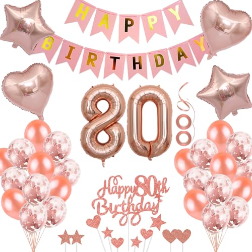 Neodtx 80. Geburtstag Mädchen Geburtstagsdeko Tortendeko luftballons Rosegold folienballon 80 jahre Frauen geschenk Happy Birthday Girlande für Geburtstagsdeko Geschenke für 80. Geburtstag von NEODTX