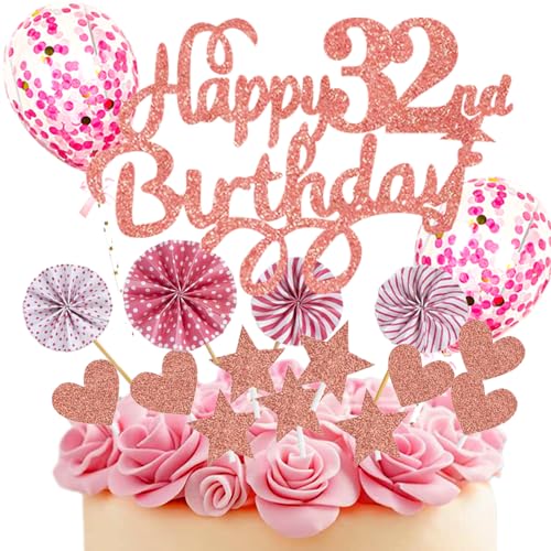 Neodtx Tortendeko 32. Geburtstag Frau,17 Stück Rosa Geburtstagsdeko Torte Für 32. Geburtstag Mädchen,Pink Happy Birthday Kuchen Dekoration Glitzer Cake Topper Geburtstag Geschenk Party Deko von NEODTX