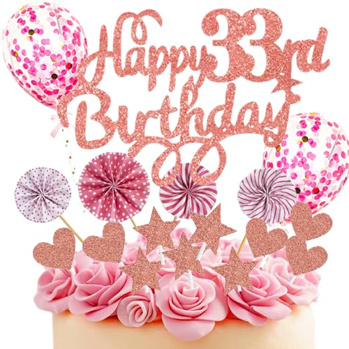 Neodtx Tortendeko 33. Geburtstag Frau,17 Stück Rosa Geburtstagsdeko Torte Für 33. Geburtstag Mädchen,Pink Happy Birthday Kuchen Dekoration Glitzer Cake Topper Geburtstag Geschenk Party Deko von NEODTX