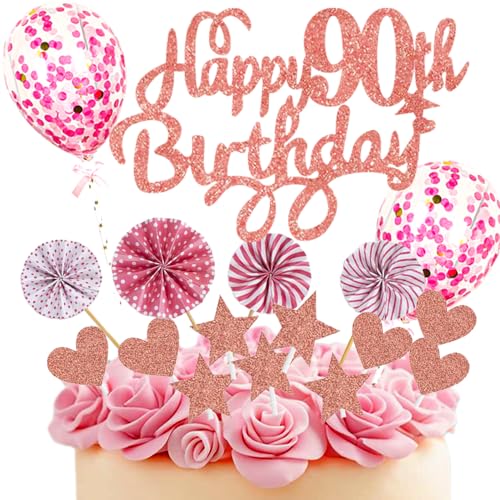 Neodtx Tortendeko 90. Geburtstag Frau,17 Stück Rosa Geburtstagsdeko Torte Für 90. Geburtstag Mädchen,Pink Happy Birthday Kuchen Dekoration Glitzer Cake Topper Geburtstag Geschenk Party Deko von NEODTX