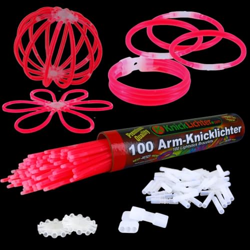 NEON FUN 100 Arm Knicklichter | ROT | Geprüfte Qualität | Testurteil 1,4 sehr gut | 8h | 100 biegsame TopFlex Verbinder | 2 Dreifach Connectoren | 2 Kreisverbinder, Menge:1 Rolle von NEON FUN