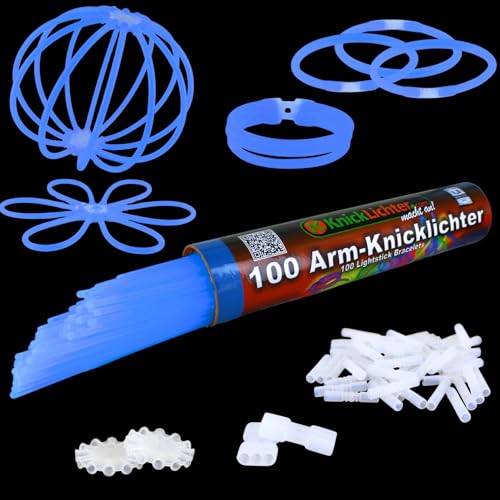 NEON FUN 100 Arm Knicklichter | BLAU | Geprüfte Qualität | Testurteil 1,4 sehr gut | 8h | 100 hoch elastische Verbinder | 2 Dreifach Connectoren | 2 Kreisverbinder, Menge:1 Rolle von NEON FUN