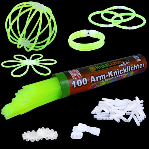 NEON FUN 100 Arm Knicklichter | Gruen | Geprüfte Qualität | Testurteil 1,4 sehr gut | 8h | 100 biegsame TopFlex Verbinder | 2 Dreifach Connectoren | 2 Kreisverbinder, Menge:1 Rolle von NEON FUN