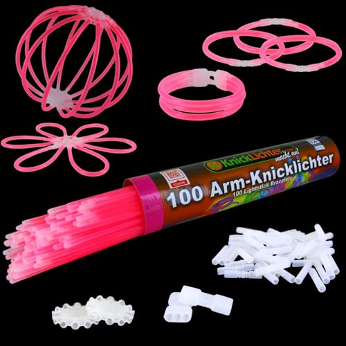 NEON FUN 100 Arm Knicklichter | PINK | Geprüfte Qualität | Testurteil 1,4 sehr gut | 8h | 100 biegsame TopFlex Verbinder | 2 Dreifach Connectoren | 2 Kreisverbinder, Menge:1 Rolle von NEON FUN