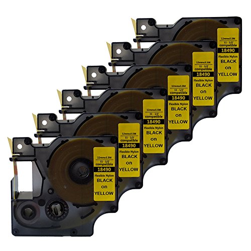 neouza kompatibel für Dymo 18490 Rhino Industrie ind Flexibles Nylon schwarz auf gelb Schriftband 12 mm 1/5,1 cm 6 Packs von NEOUZA