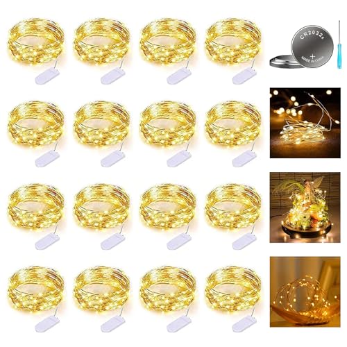 16 Stück LED Lichterkette mit Batterie Klein,Led Lichterkette mit Batteriebetrieben, Lichterkette Innen, 1.5M 20 LED DIY Lichterkette Klein Wasserdicht für Party Hochzeit Weihnachtsdeko (Warmweiß) von NEOVSUNY