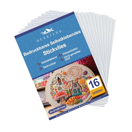 NESSTERS Stickvlies Wasserlöslich Selbstklebend – 16 STK Bedruckbare Stickfolie A4 (21x29,7 cm) – Mittleres Gewicht (40 g/m²), Zum Zeichnen & Drucken von Stickvorlagen – Für Hand- & Maschinenstickerei von NESSTERS