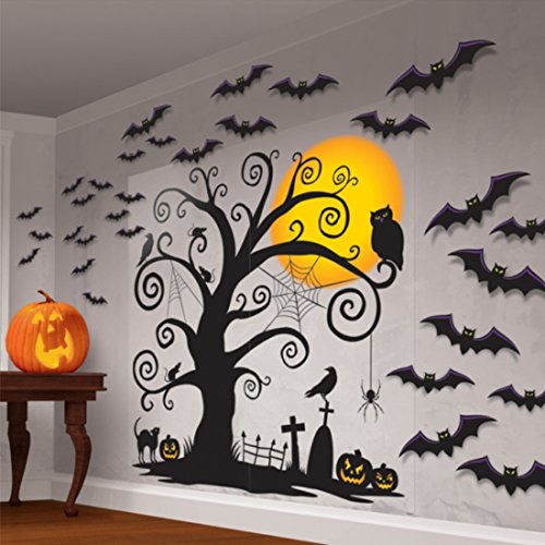 NET TOYS Halloween Wanddeko Friedhof Wand Deko 32 TLG. Wanddekoration Fledermäuse Eule Baum Gruft Halloweendeko Wandbild Horror Wandschmuck Grusel-Party Wandfolie Scene Setter Halloween von NET TOYS