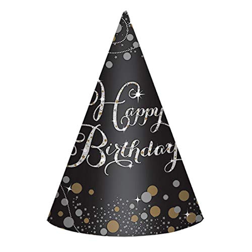 NET TOYS 8 Elegante Happy Birthday Partyhütchen - Schwarz 18cm hoch - Außergewöhnliche Party-Kopfbedeckung Geburtstagshüte - Genau richtig für Geburtstagsfeier & Mottoparty von NET TOYS