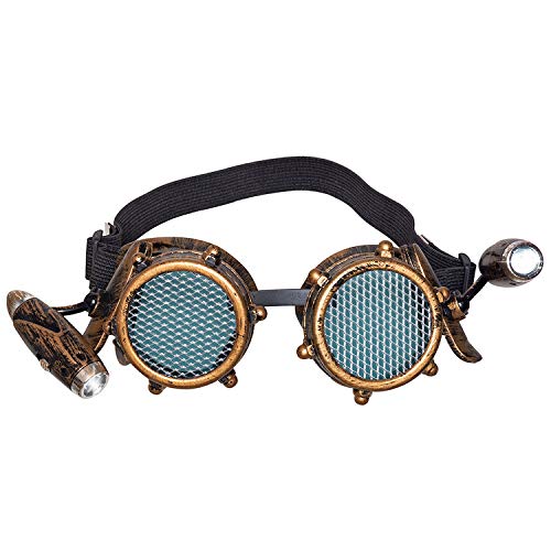 NET TOYS Außergewöhnliche Steampunk Brille mit Licht - Gold-Schwarz - Anspruchsvolles Unisex-Kostüm-Zubehör Gothic Fliegerbrille - Perfekt geeignet für Fasching & Karneval von NET TOYS