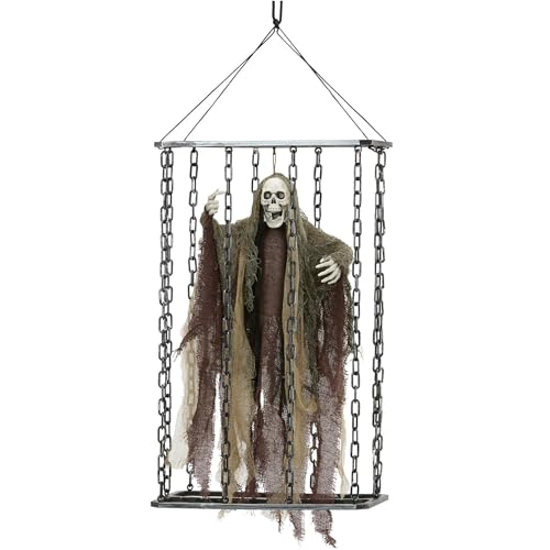 NET TOYS Halloween Deko Grim Reaper im Käfig - Schwarz 52 cm - Schaurige Party-Dekoration Beweglicher Zombie mit Leuchtaugen & Soundeffekten von NET TOYS
