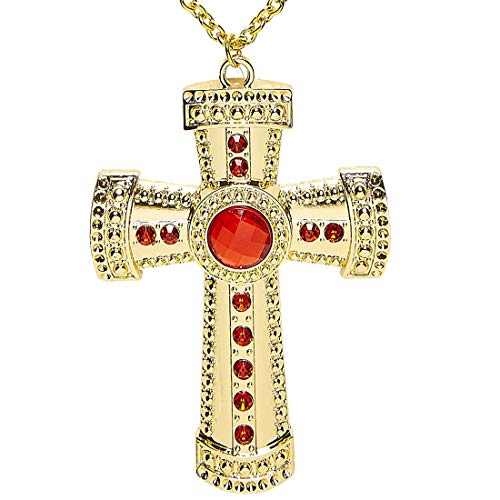 NET TOYS Prollige Kette mit Kreuz-Anhänger | Gold-Rot | Funkelndes Unisex-Accessoire Goldene Kreuzkette Nonne geeignet für Fasching & Karneval von NET TOYS