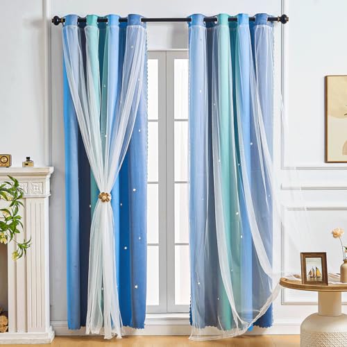 NETMEO 2 Paneele mit Fantasievorhängen im Sternmotiv, Themenzimmer mit Einhorn-Prinzessinnenmotiv, Schlafzimmerverdunkelungsvorhänge, Vorhänge für Mädchenzimmer (Blau Grün Grau, B132xH160cm) von NETMEO