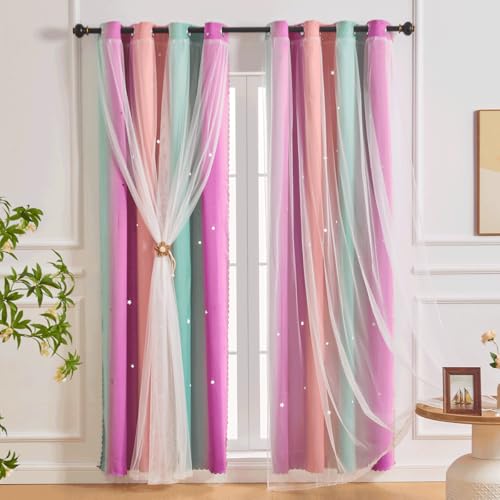 NETMEO 2-teilige Vorhänge mit Sternmotiv, Vorhänge für Mädchenzimmer, Verdunkelungsvorhänge für Wohnzimmer, Fenster für Kinderzimmer, Themenzimmerdekoration (Rosa Lila Blau, B132xH213cm) von NETMEO