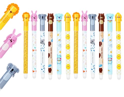 12 Radierbarer Kugelschreiber Radierstift Gelstifte radierbar Tintenroller Löschbarer Stift Erasable Pen Tierstifte 6 Animal Erase it Stifte Faultier Löwe Bär Kaninchen Hund Küken (Schwarz/Blau) von NETONDA