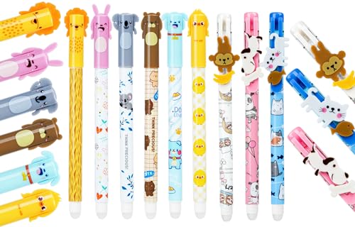 9 Radierbarer Kugelschreiber Radierstift Gelstifte radierbar Tintenroller Löschbarer Stift Erasable Pen Tierstifte 9 Animal Erase it Stifte Faultier Löwe Bär Kaninchen Hund Küken (Schwarz/Blau) von NETONDA